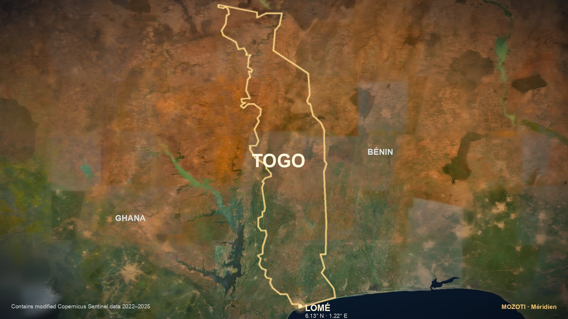 Vue de la Terre effectuant un zoom cinématographique vers l'Afrique de l'Ouest, le Togo et Lomé.